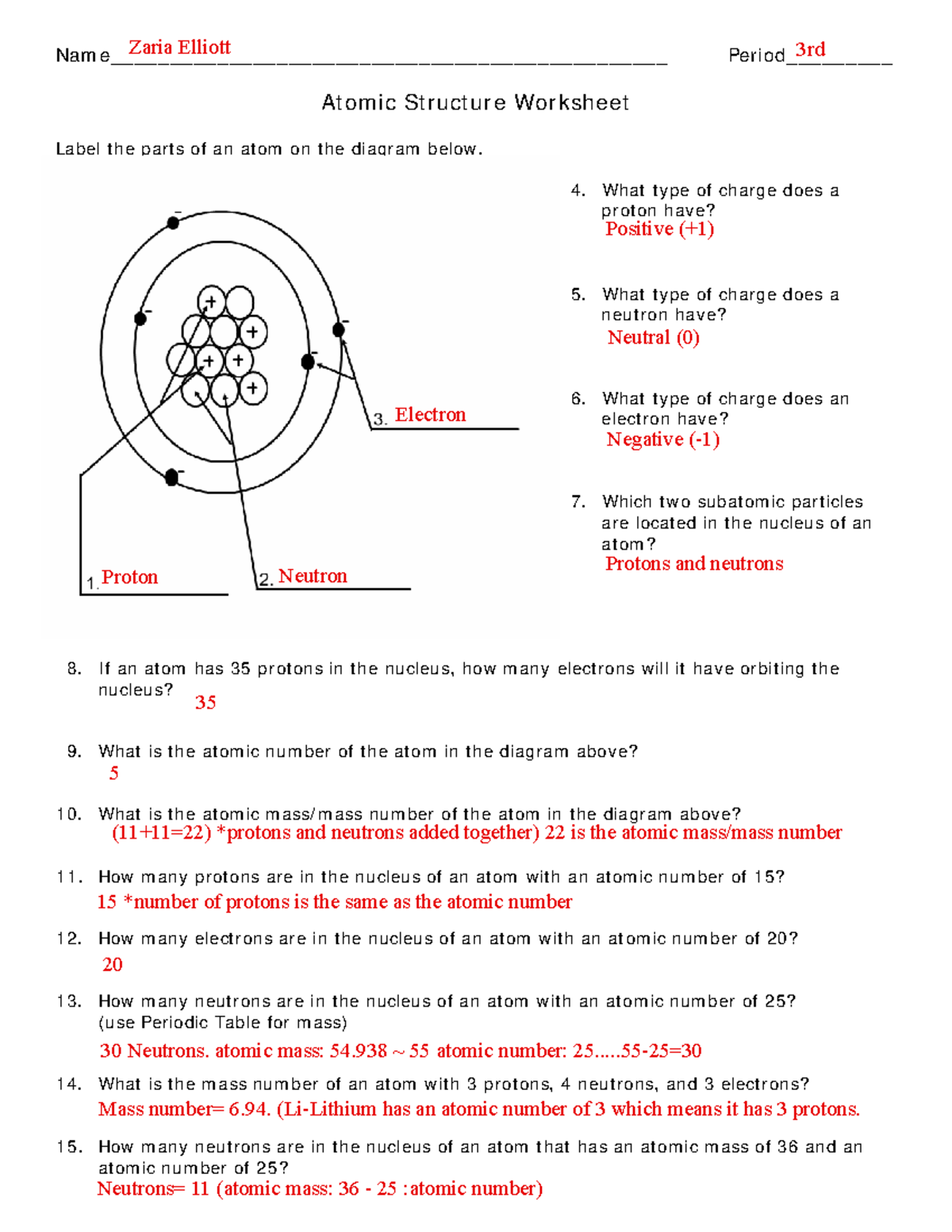 Atomic Structure Worksheet Science WKST Studocu
