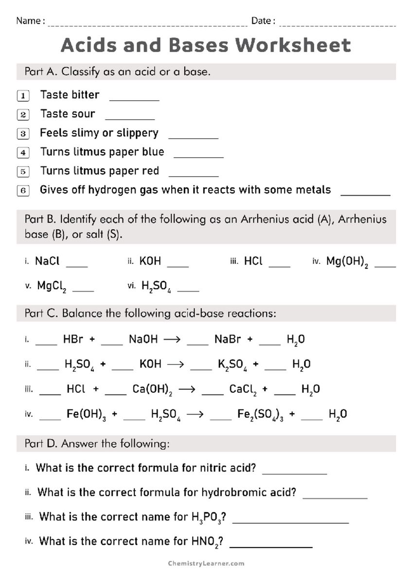 Chemistry 101 Acids And Bases Worksheet For Review Studocu