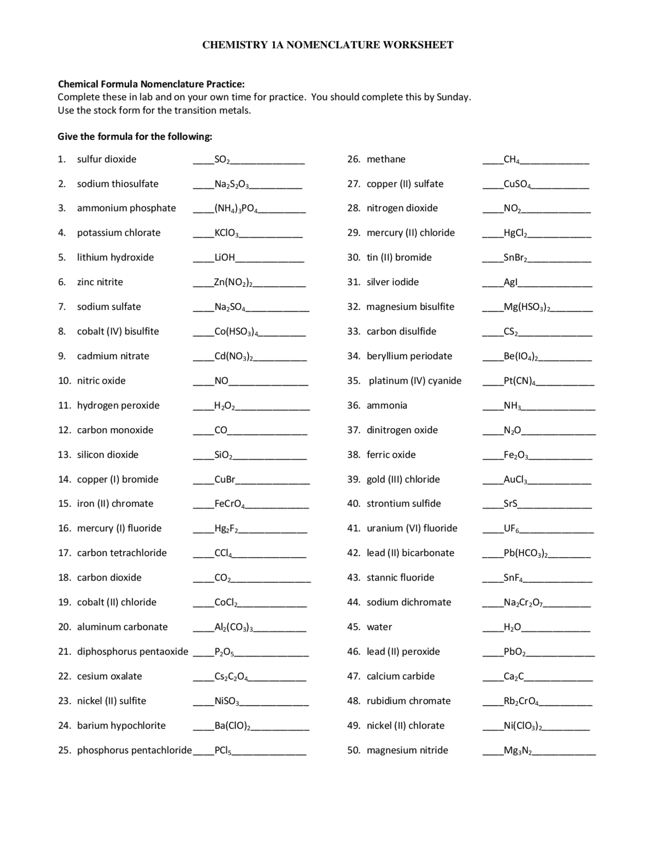 Chemistry 1a Nomenclature Worksheet Lecture Notes Chemistry Docsity