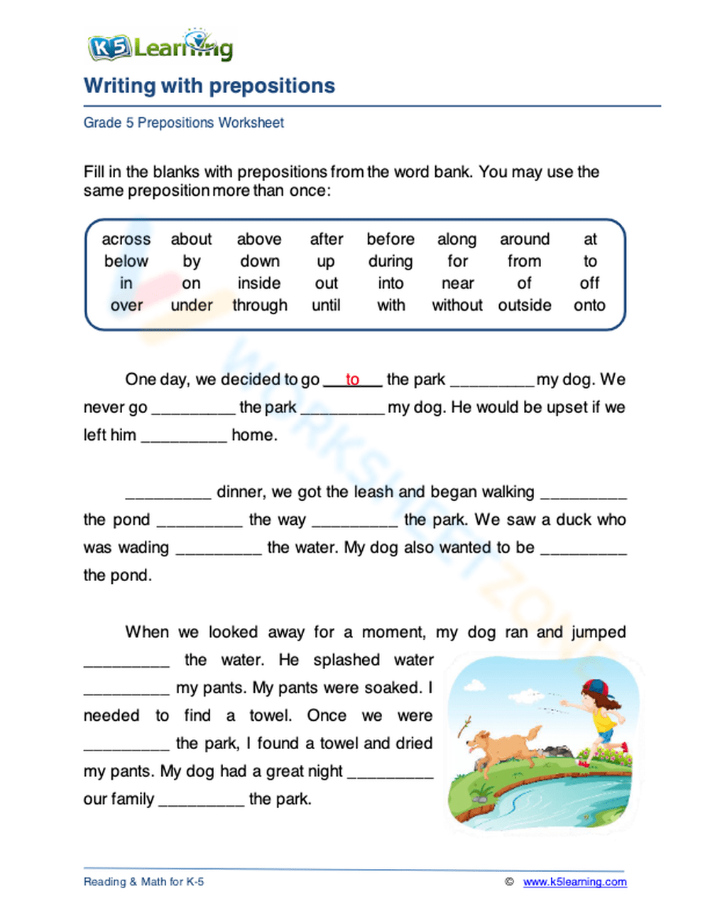 Choosing Prepositions 1 Worksheet Class 5 English Grammar Choosing Prepositions Worksheet PDF