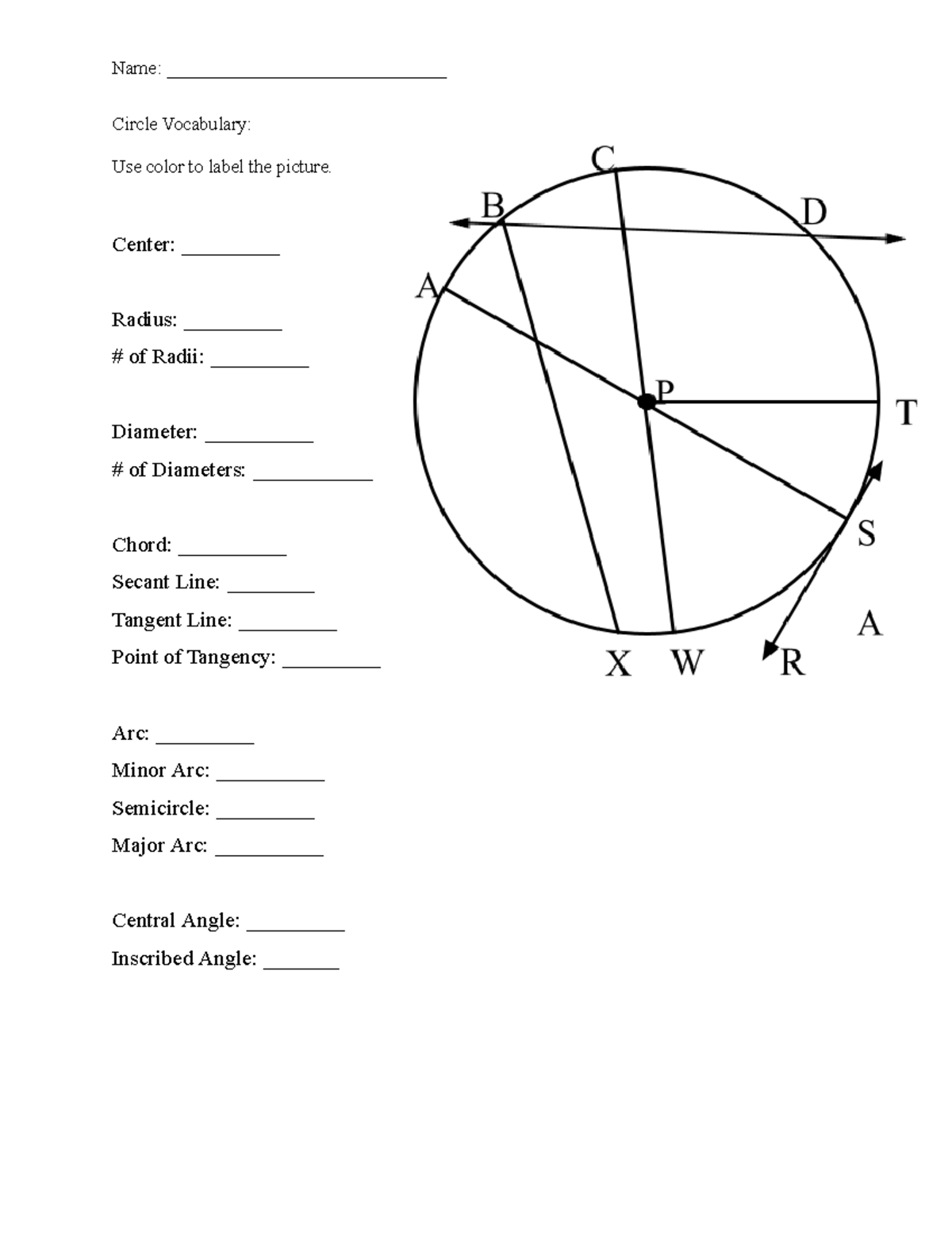 Circle Vocabulary Worksheet Parts Of A Circle Studocu