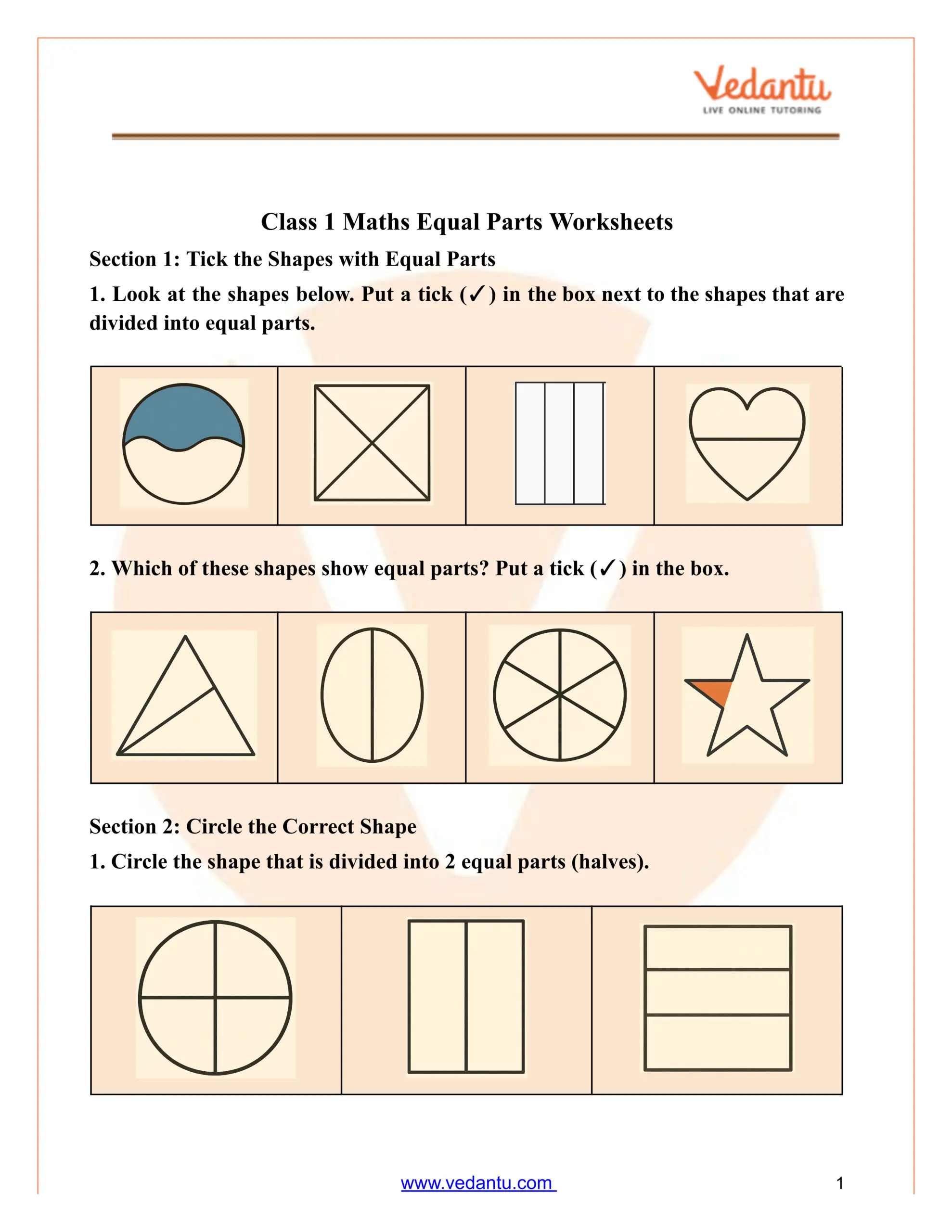 Class 1 Maths Equal Parts Worksheet Free PDF Practice