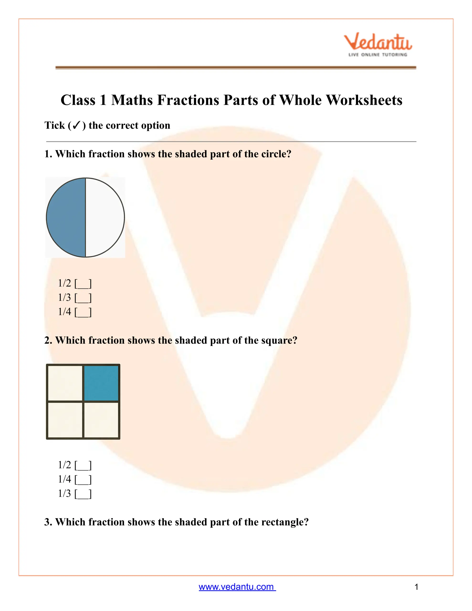 Class 1 Maths Fractions Parts Of Whole Worksheets PDF Class 1 Maths Fractions Parts Of Whole Worksheets PDF