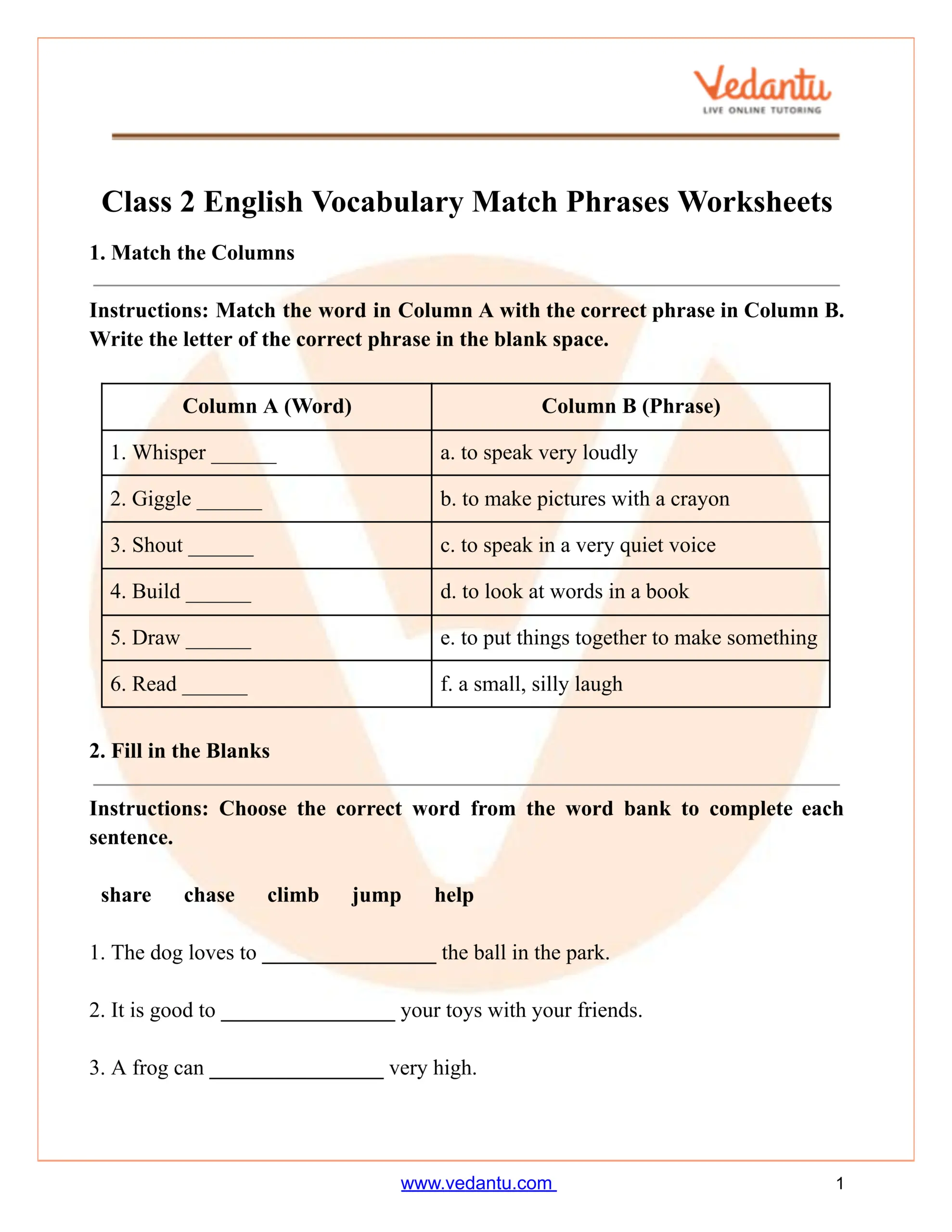 Class 2 Vocabulary Match Phrases Worksheet PDF Chapter 4 Vocab Matching Worksheet WordMint
