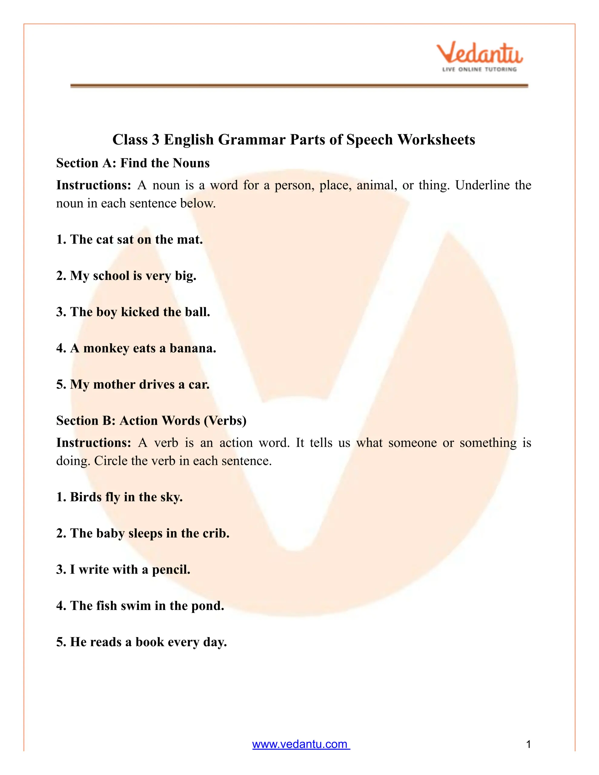 Class 3 English Grammar Parts Of Speech Worksheet PDF
