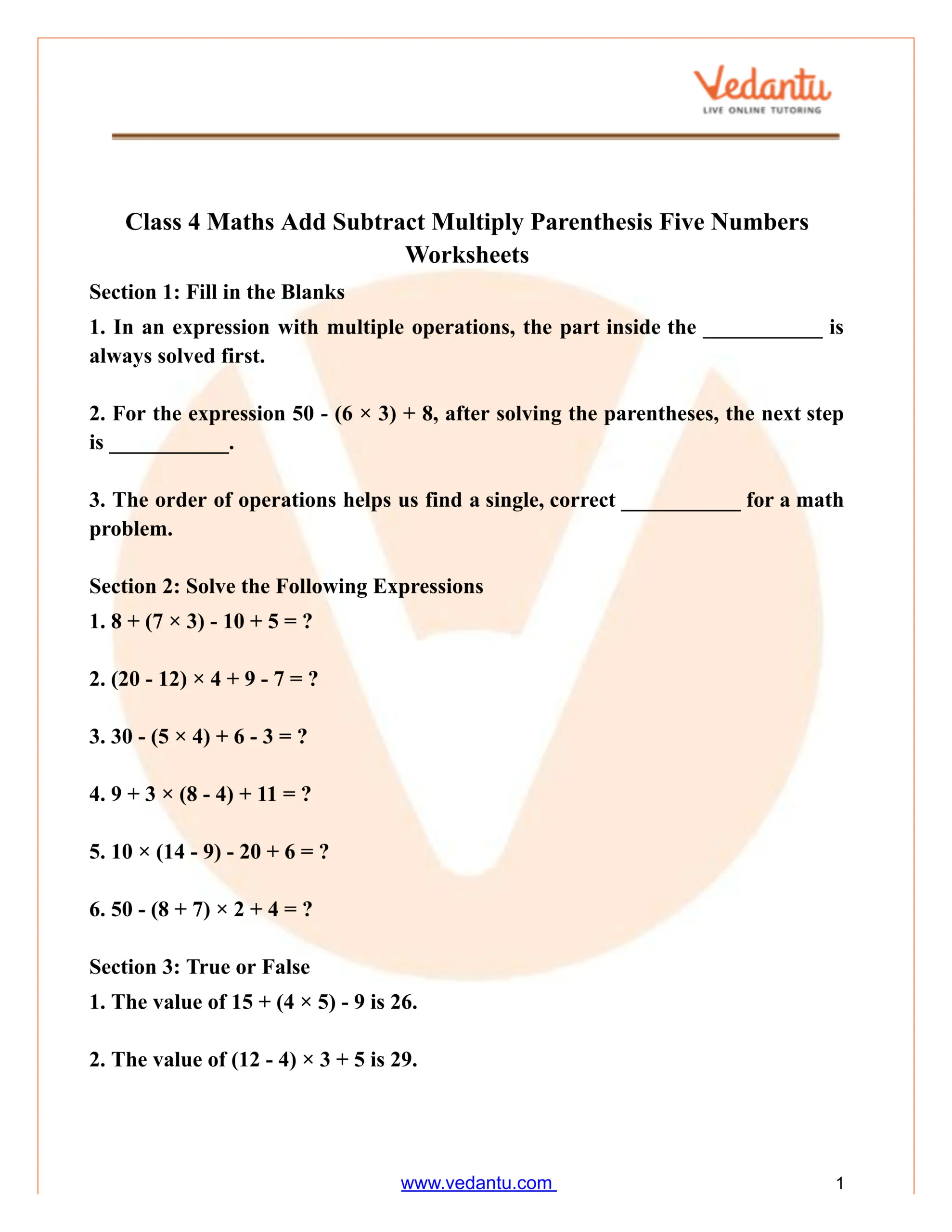 Class 4 Maths Worksheet Add Subtract Multiply With Parenthesis Class 4 Maths Worksheet Add Subtract Multiply With Parenthesis