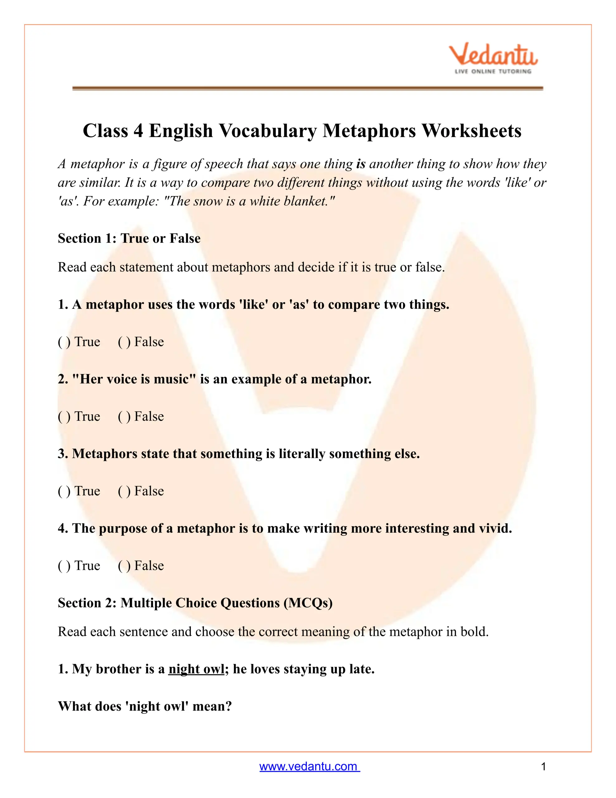 Class 4 Vocabulary Metaphors Worksheet With Answers PDF