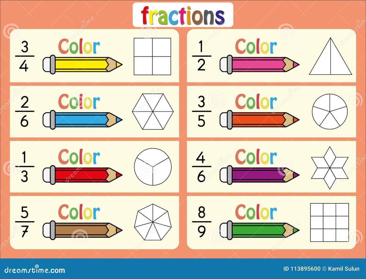 Color The Shape To Show The Fraction Educational Color The Parts Of The Shape That Represent Each Fraction Math Worksheet Stock Illustration Illustration Of Learning Game 113895600