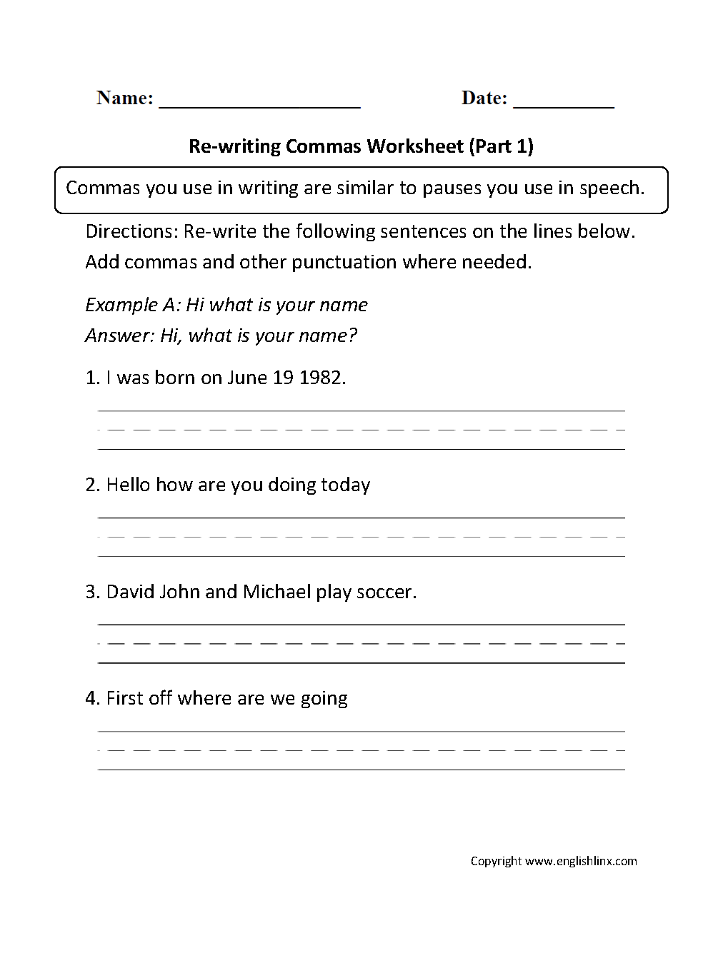 Commas Worksheets Re Writing Commas Worksheets Part 1
