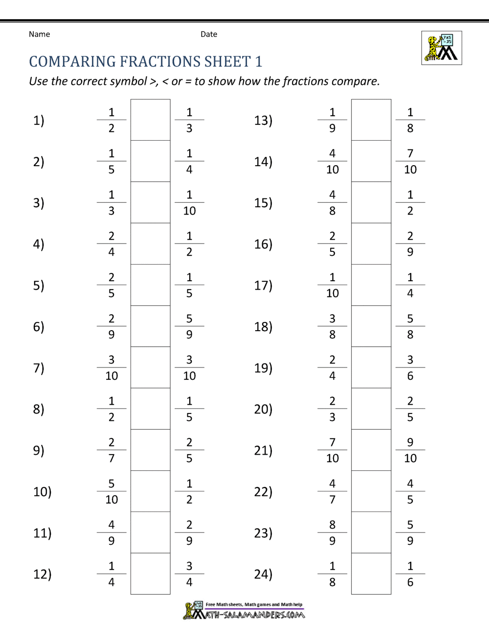 Comparing Fractions Worksheet Comparing Fractions Worksheet