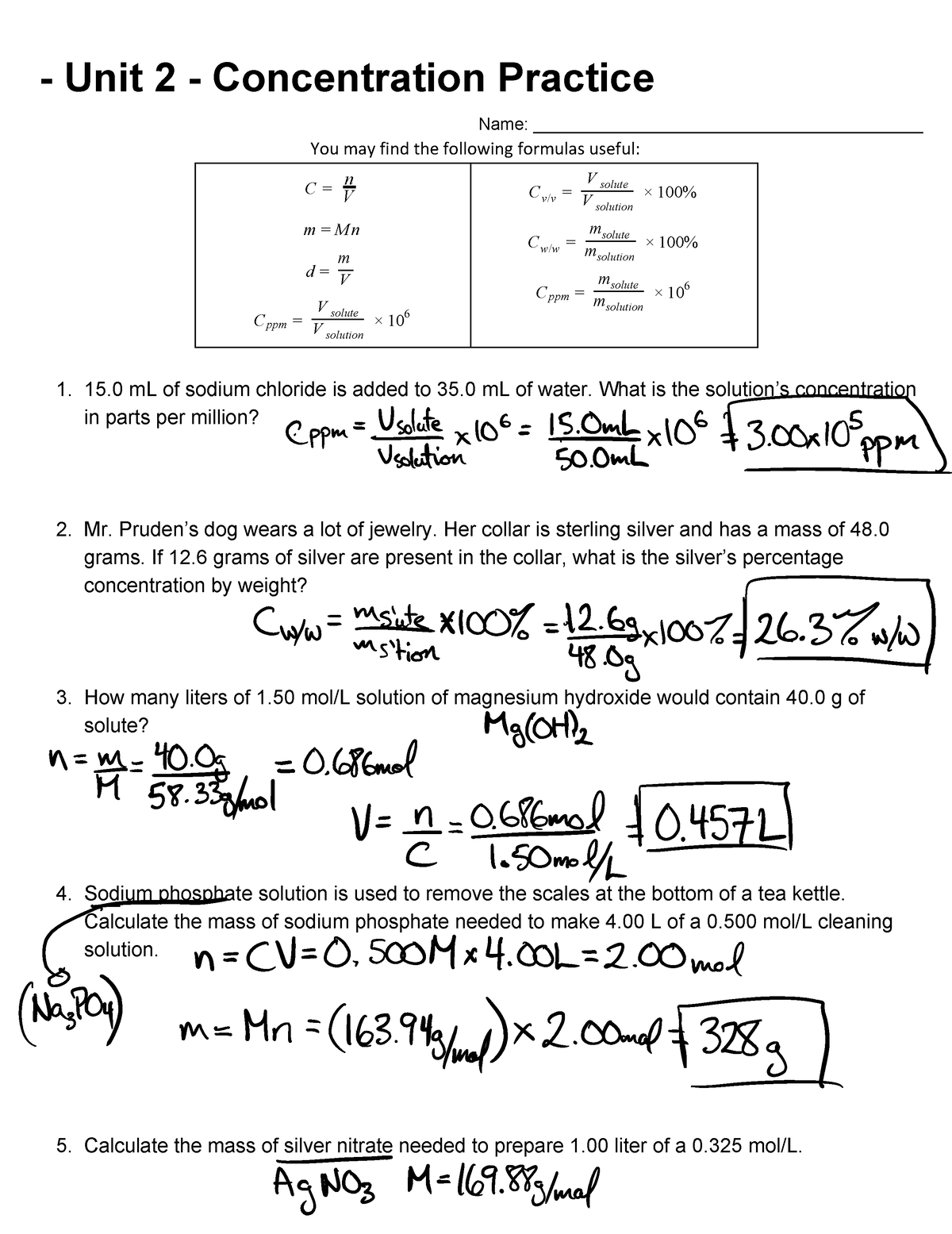 Concentration As Parts Per Million Concentration Practice ANS Worksheets Library