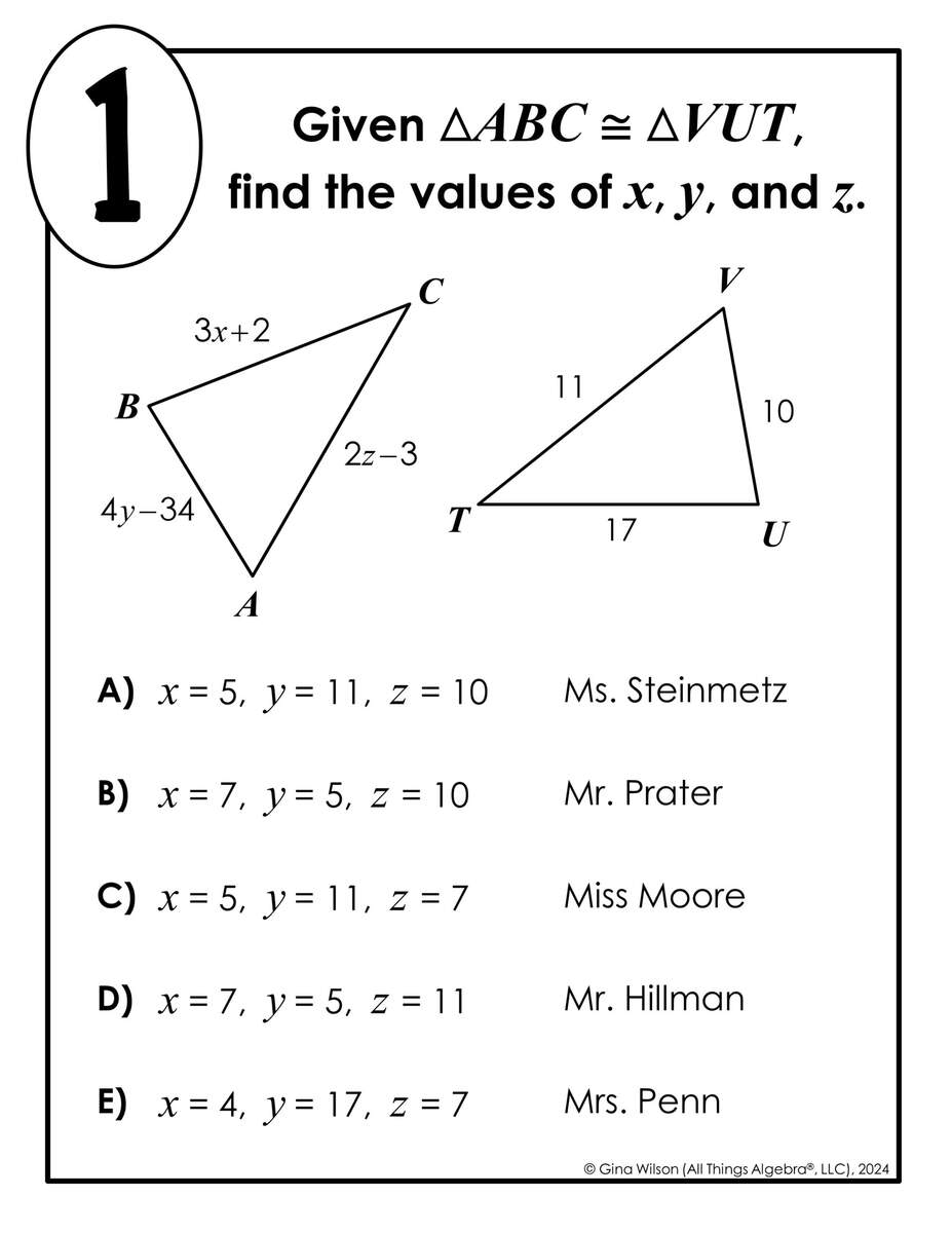 Congruent Triangles Finding Side Angle Measures Math Lib Activity All Things Algebra