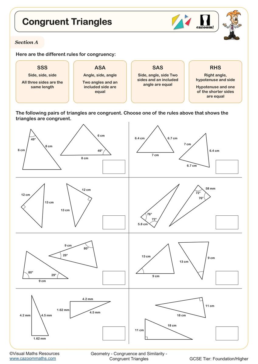 Congruent Triangles Worksheet Printable PDF Year 9 And Year 10 Geometry Worksheet