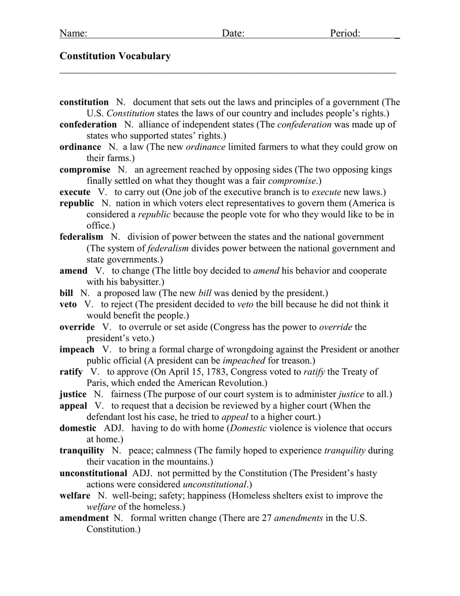 Constitution Vocabulary Worksheet Key Terms Definitions