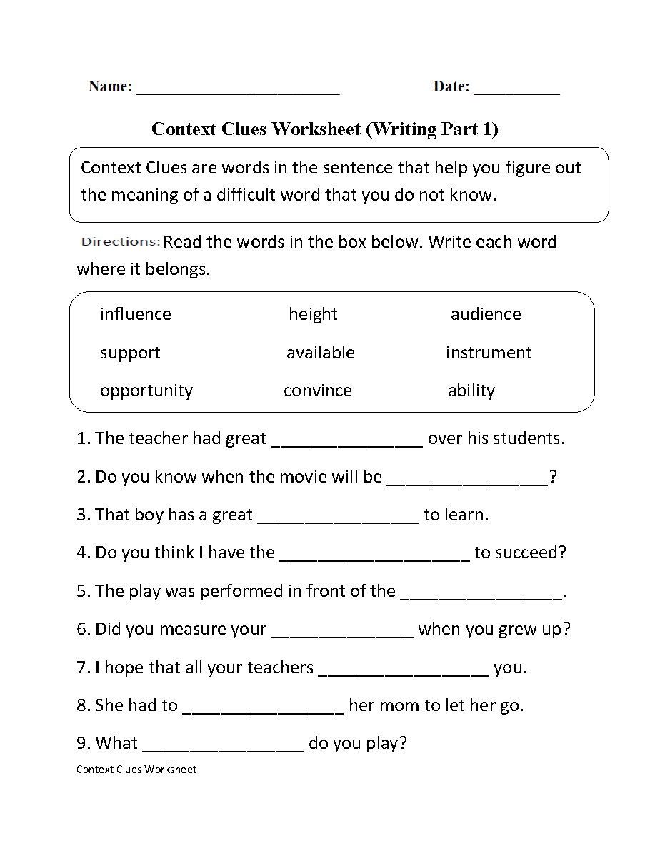 Context Clues Worksheets Printable Vocabulary Inference Activities Context Clues Lesson Plans Worksheets Lesson Planet Worksheets Library