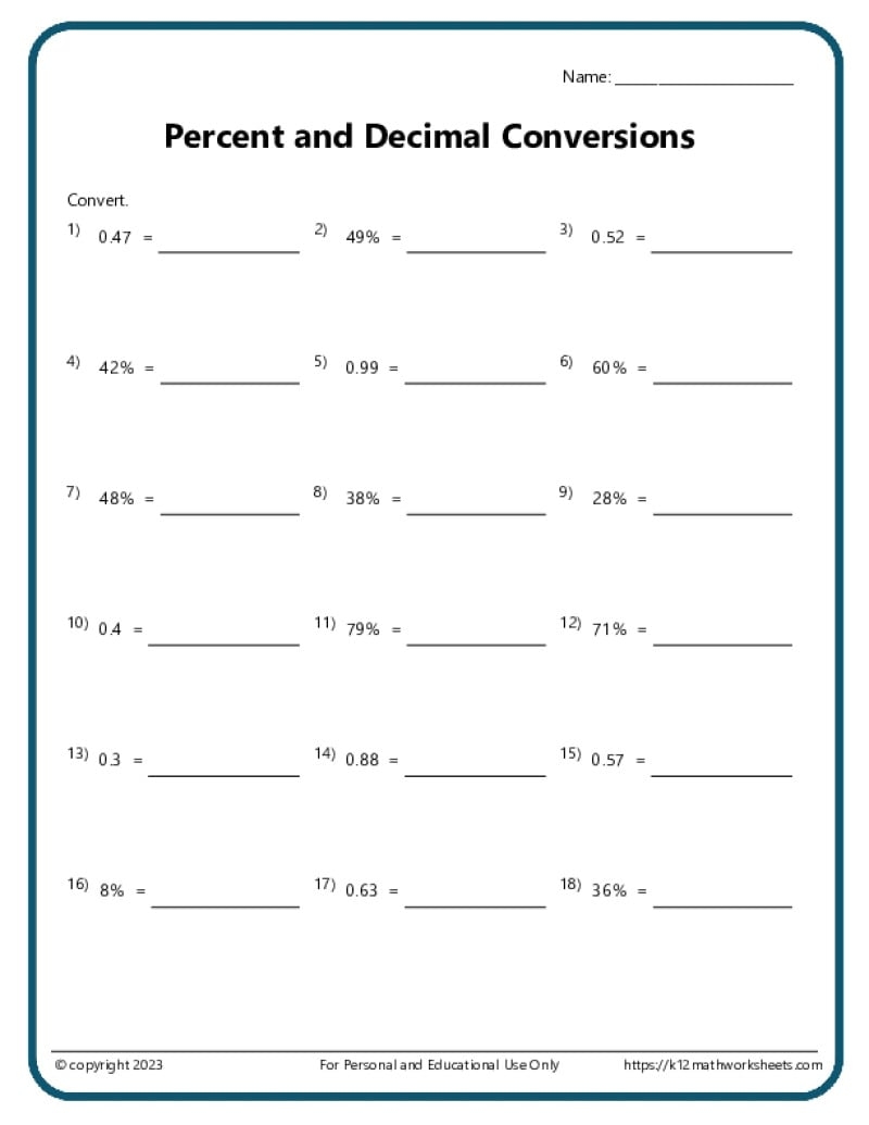 Converting Percentages Worksheets