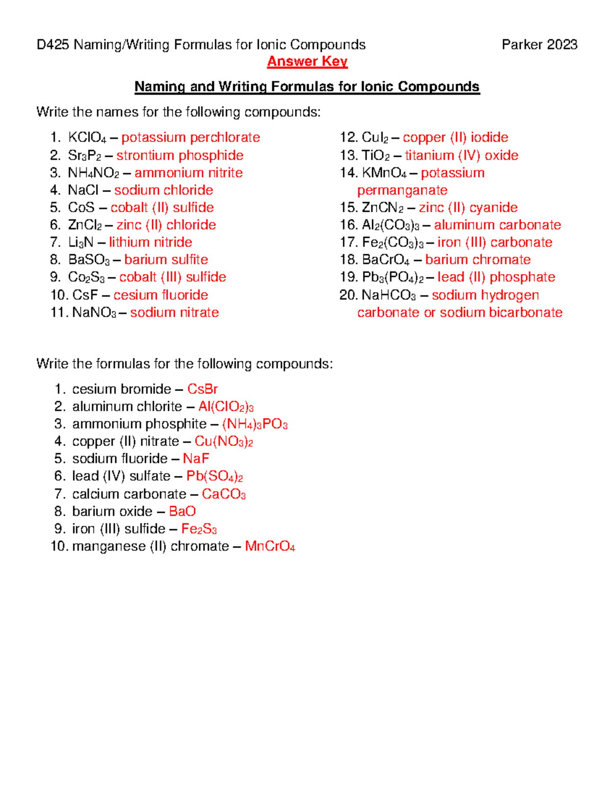 D425 Naming And Writing Formulas For Ionic Compounds Answer Key Studocu