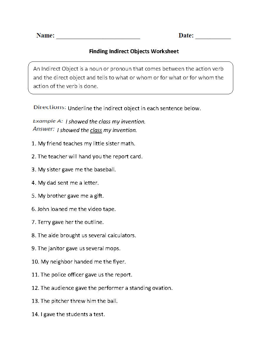 Direct And Indirect Object Worksheets Finding Indirect Objects Worksheet Parts Of A Sentence Worksheets Direct And Indirect Objects Worksheets