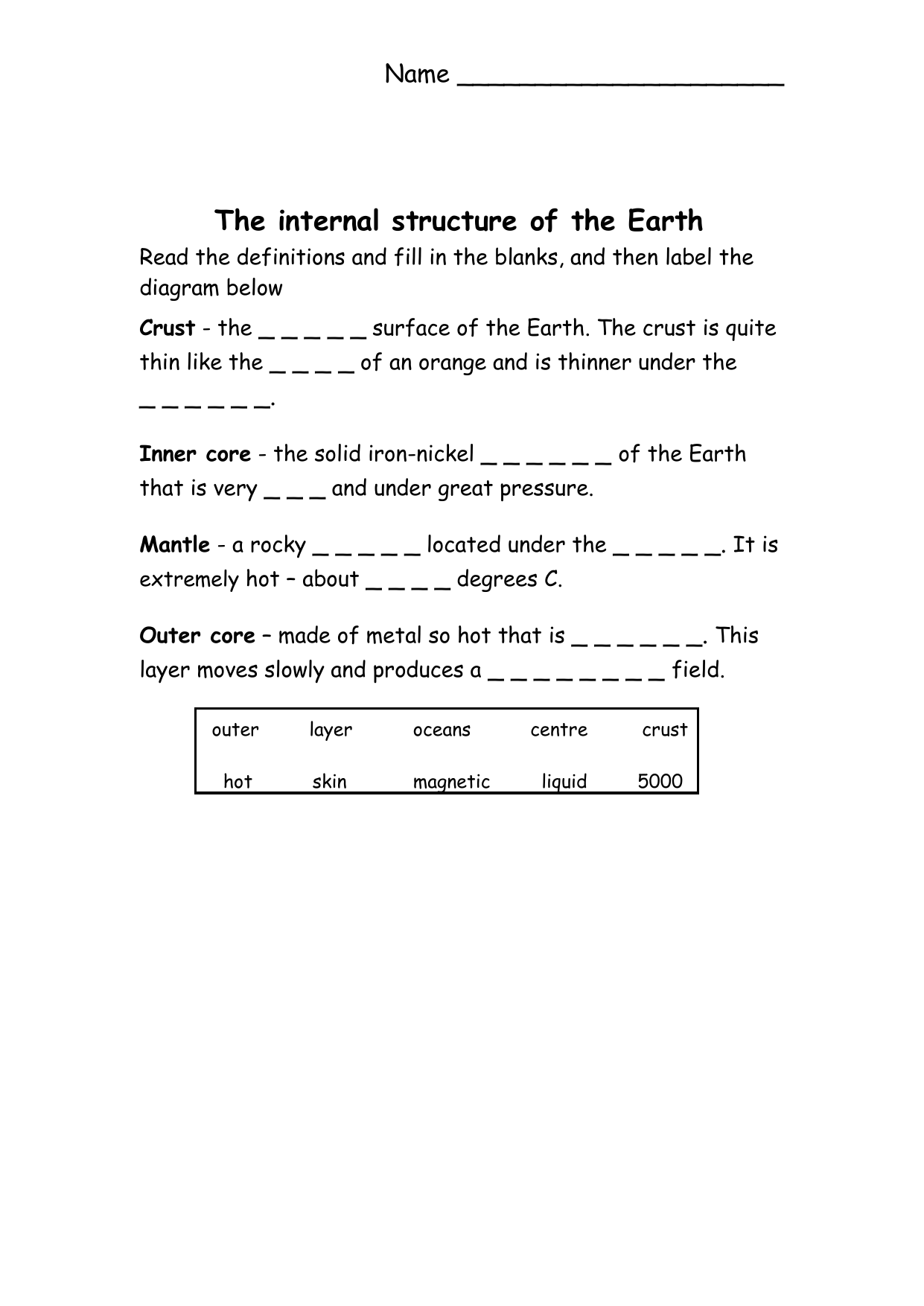 Earth s Internal Structure Worksheet