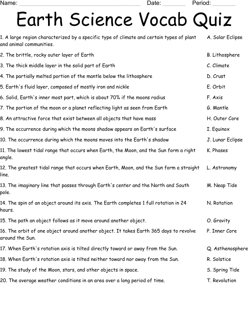 Earth Science Vocab Quiz Worksheet WordMint
