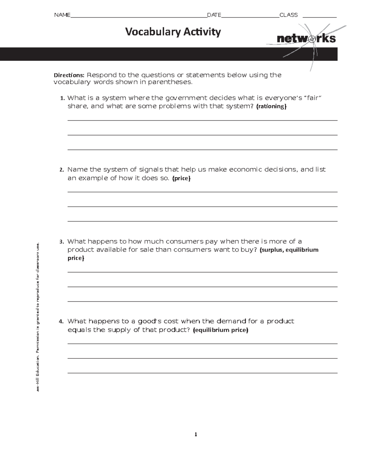 Econ Vocabulary Activity 2021 Prices And Economic Decisions Studocu