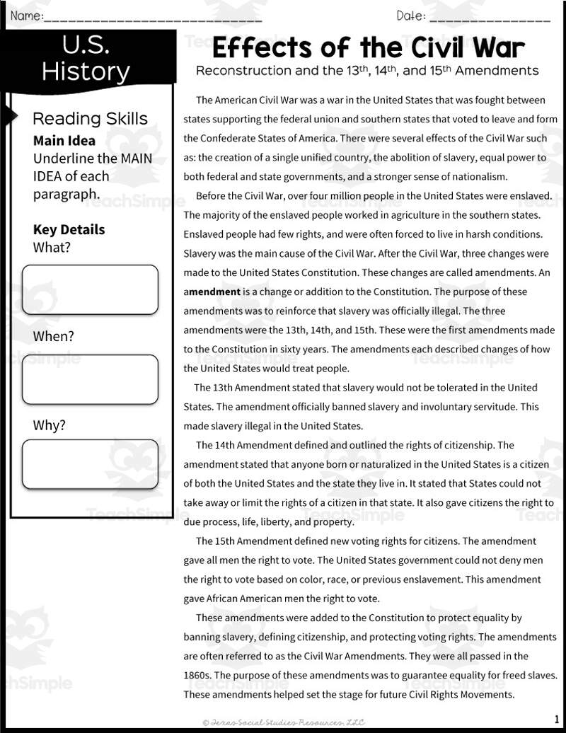 Effects Of The Civil War Reading Packet By Teach Simple Worksheets Library