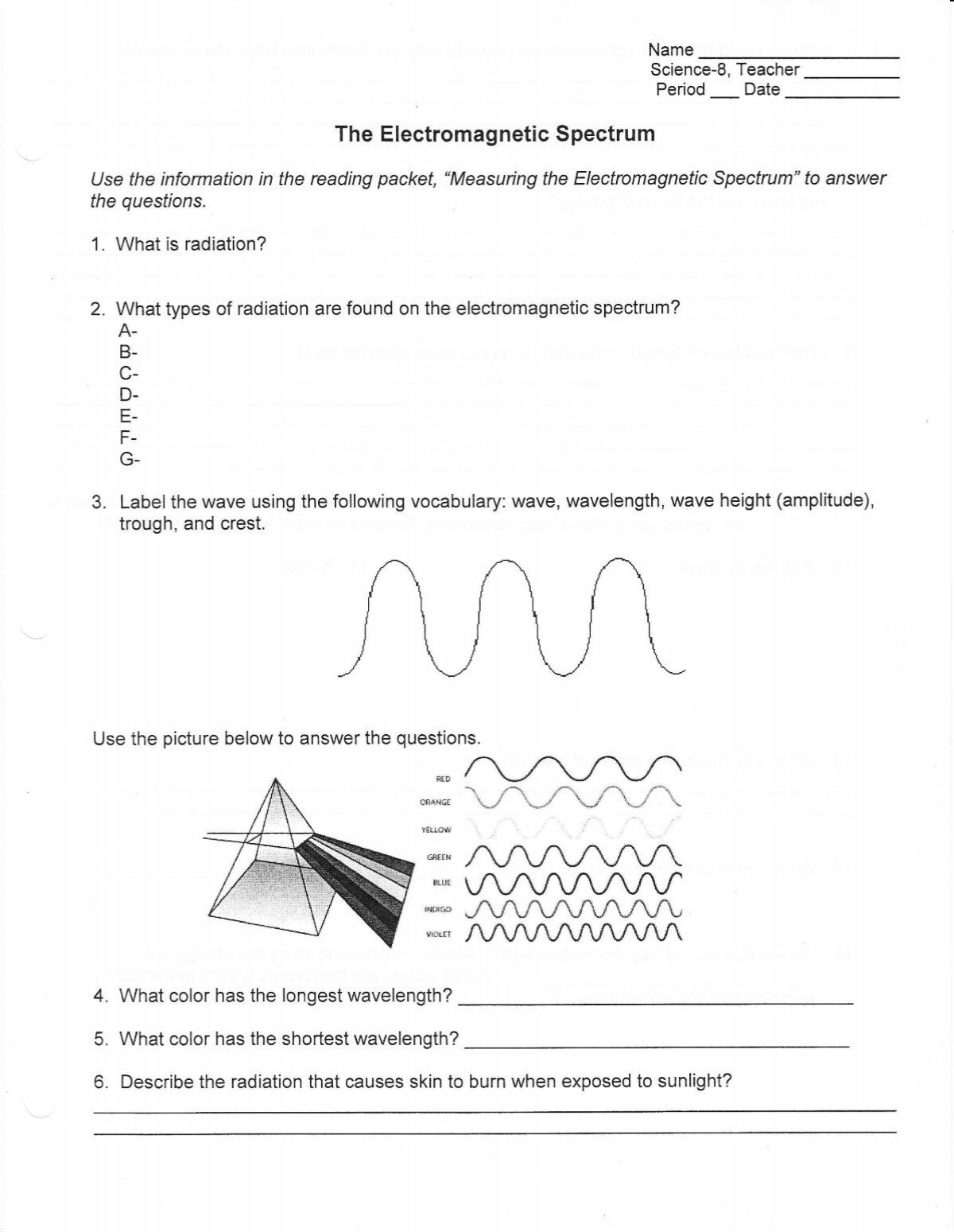 Electromagnetic Spectrum Worksheet Waves MATH SCIENCE WARRIOR