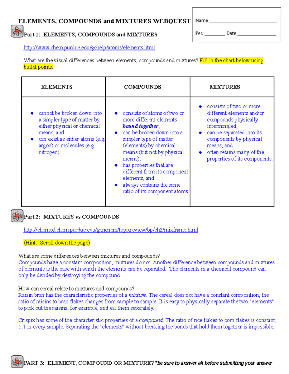 Elements Compounds And Mixtures Webquest Detailed Overview Studocu Elements Compounds And Mixtures Webquest Detailed Overview Studocu