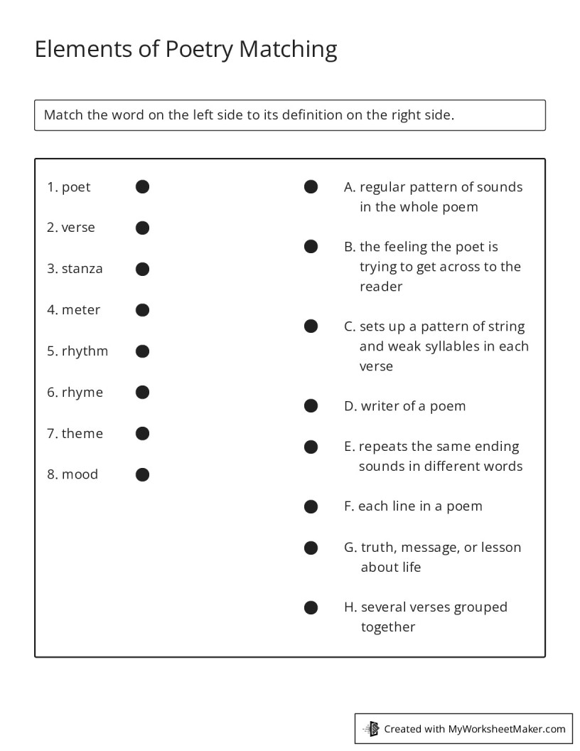 Elements Of Poetry Matching My Worksheet Maker Create Your Own Worksheets Elements Of Poetry Matching My Worksheet Maker Create Your Own Worksheets
