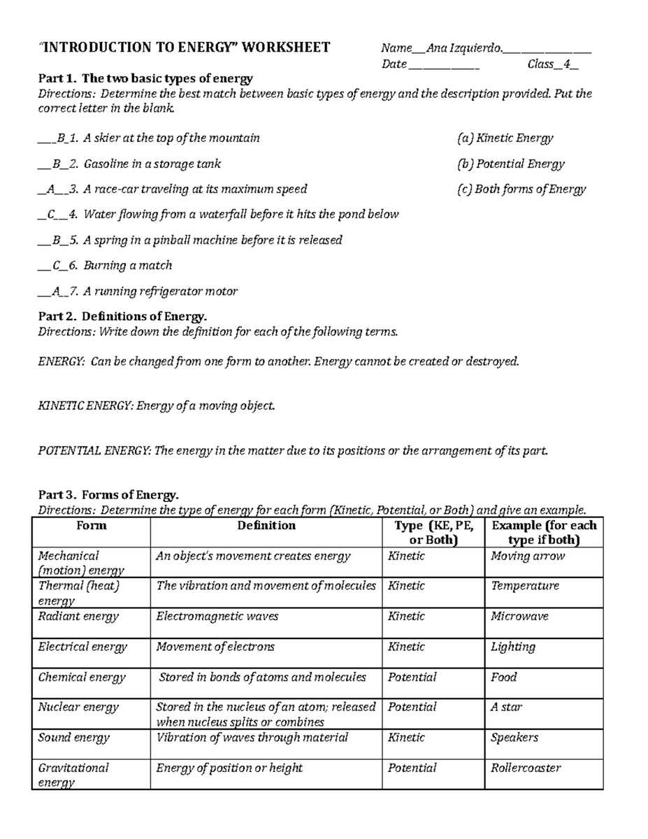 Energy A Introduction To Energy Worksheet And Key Concepts Studocu