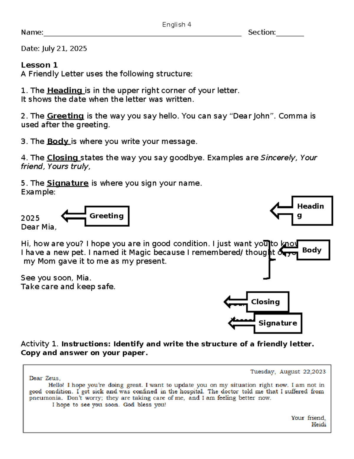English 4 July 21 2025 Lesson 1 Structure Of A Friendly Letter Studocu