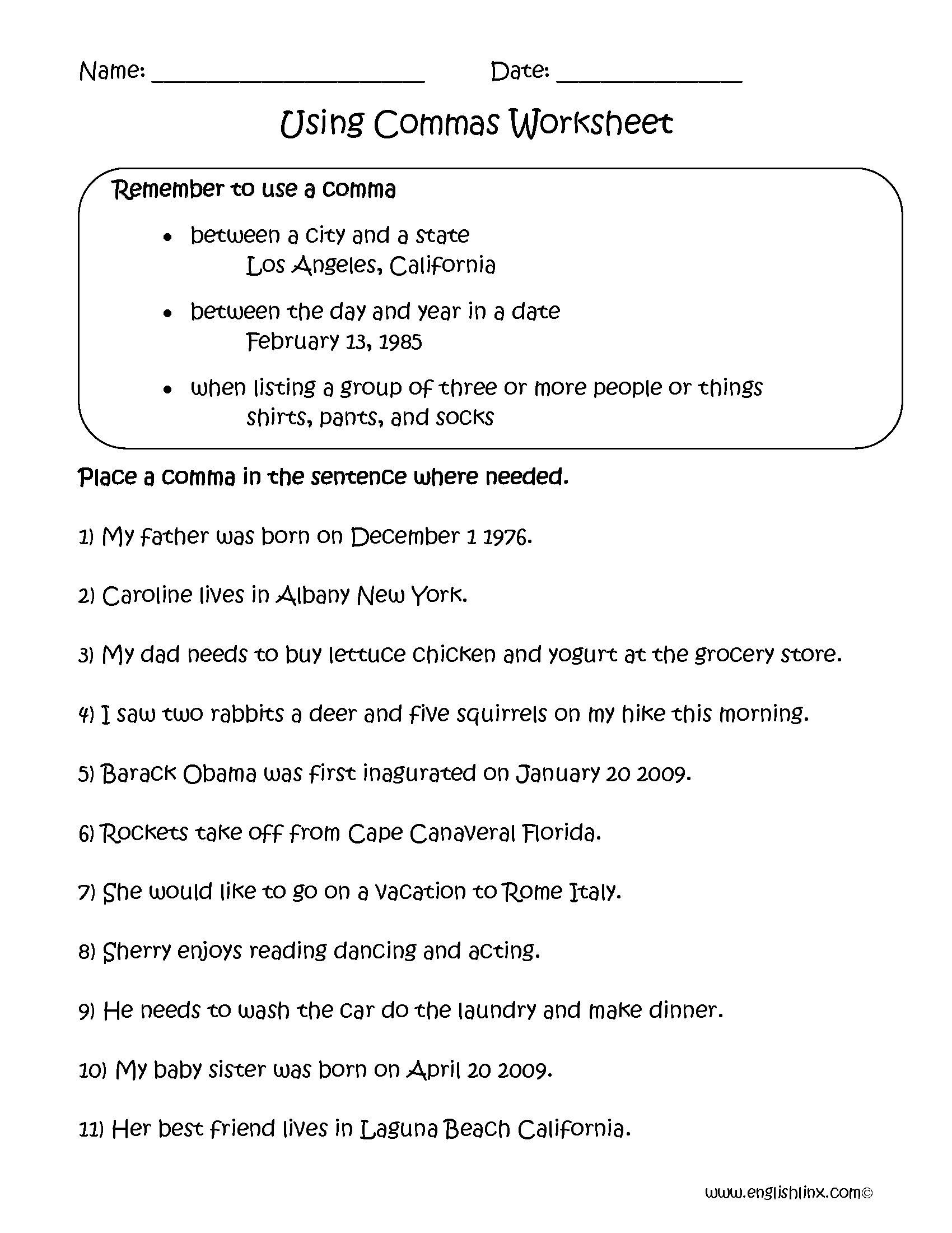 Englishlinx Commas Worksheets