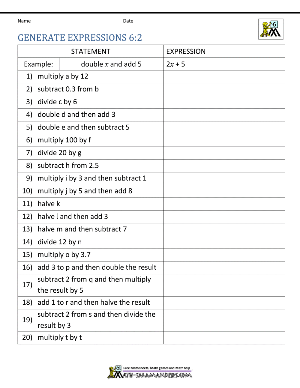 Expressions And Equations 6th Grade