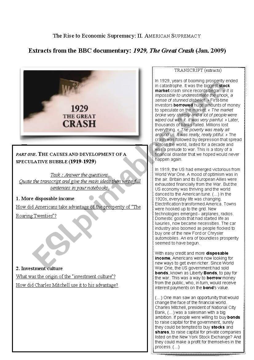 Extracts From The BBC Documentary 1929 The Great Crash Jan 2009 Part 1 ESL Worksheet By Alsacienne 1929 Stock Market Crash Word Scramble WordMint