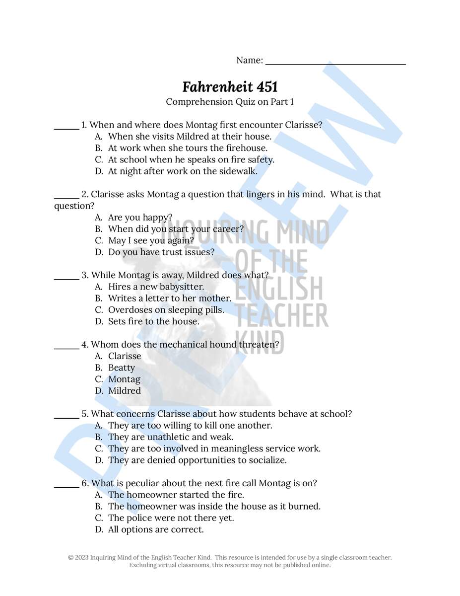 Fahrenheit 451 Part One Quiz The Hearth And The Salamander Studocu