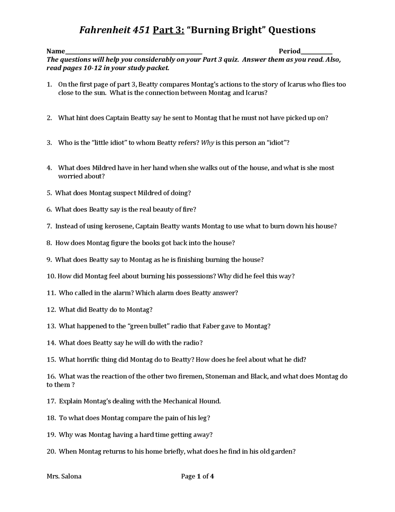 Fahrenheit 451 Part 3 Burning Bright Questions Exercises English Docsity Fahrenheit 451 By Ray Bradbury Quiz And Answer Key Part 3 Classful