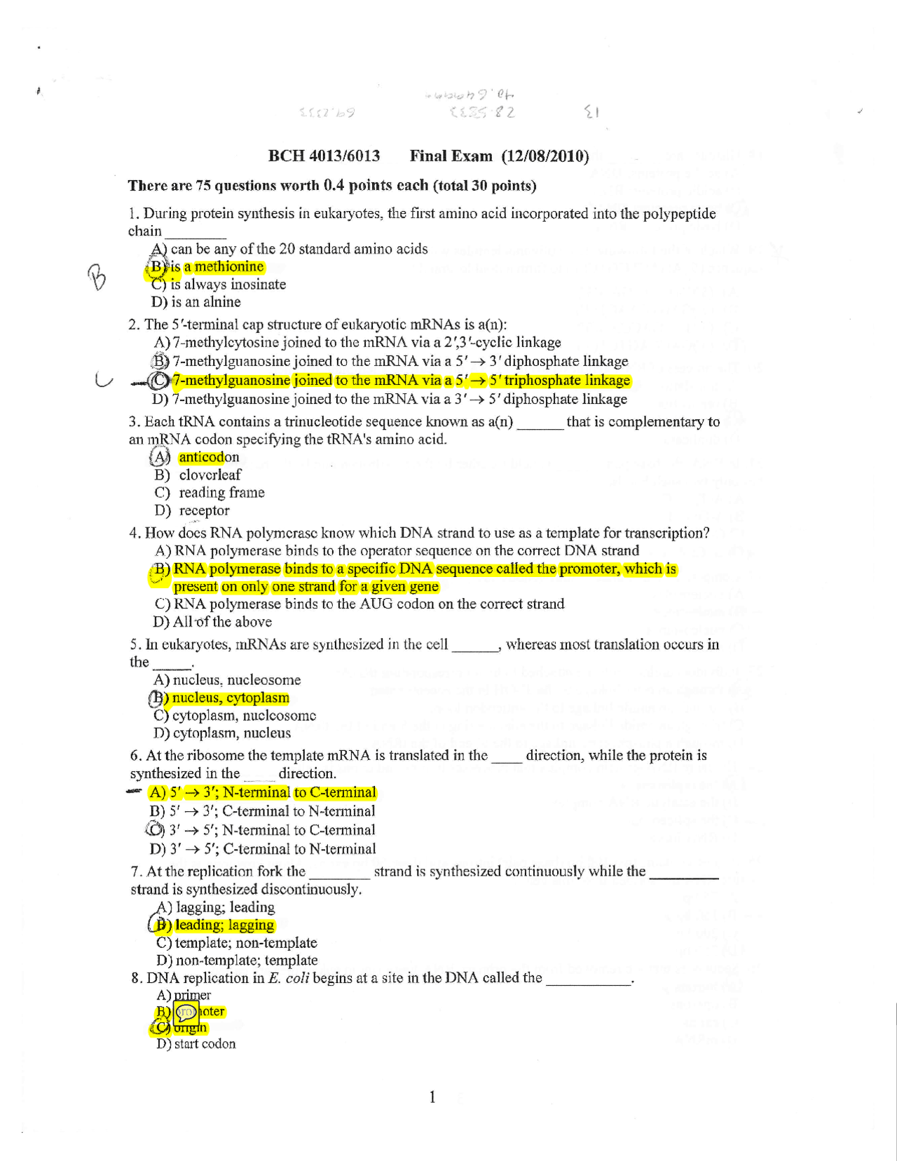Final Exam Solved Questions Principles Of Biochemistry BCH 4013 Exams Biology Docsity