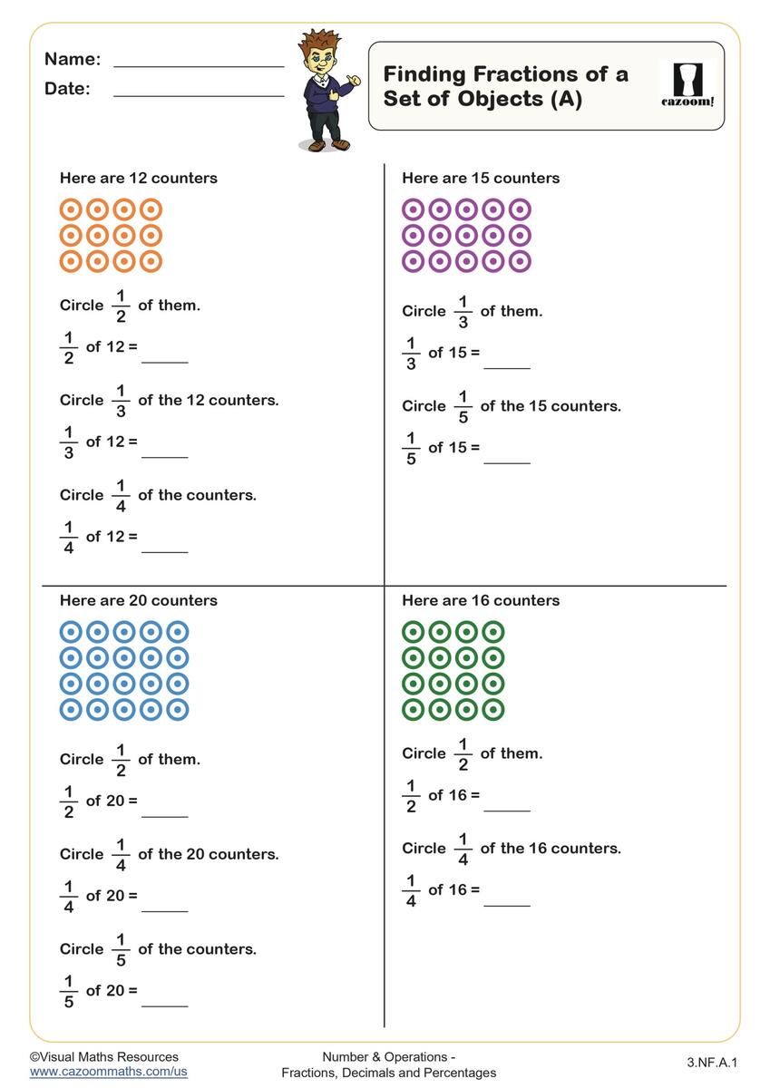 Finding Fractions Of A Set Of Objects A Worksheet Fun And Engaging 3rd Grade Number Operations Worksheet Cazoom Math