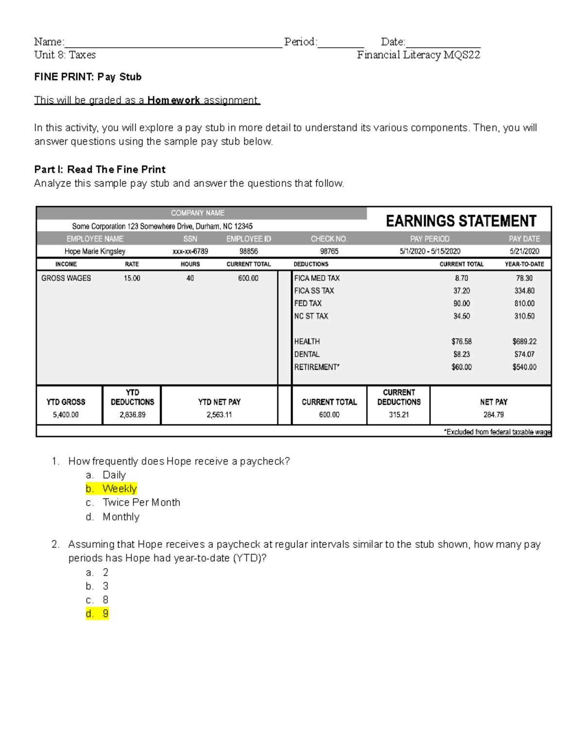 FINE Print Pay Stub Worksheet 8 02 Financial Literacy Homework Studocu