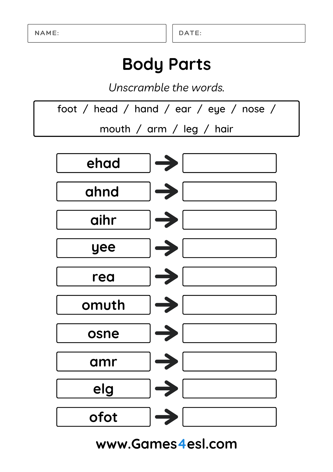 Free Body Parts Worksheets For Kids And Beginner ESL Students Games4esl