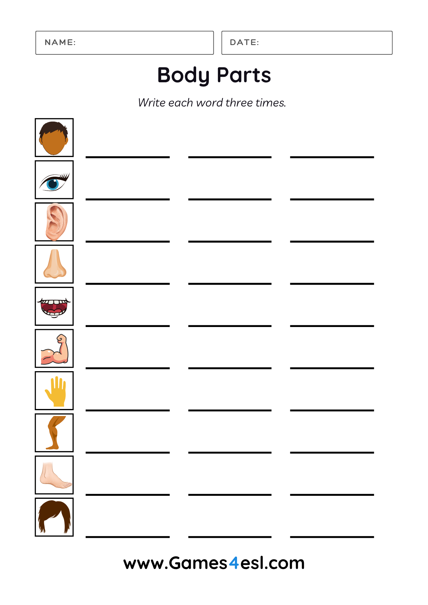 Free Body Parts Worksheets For Kids And Beginner ESL Students Games4esl