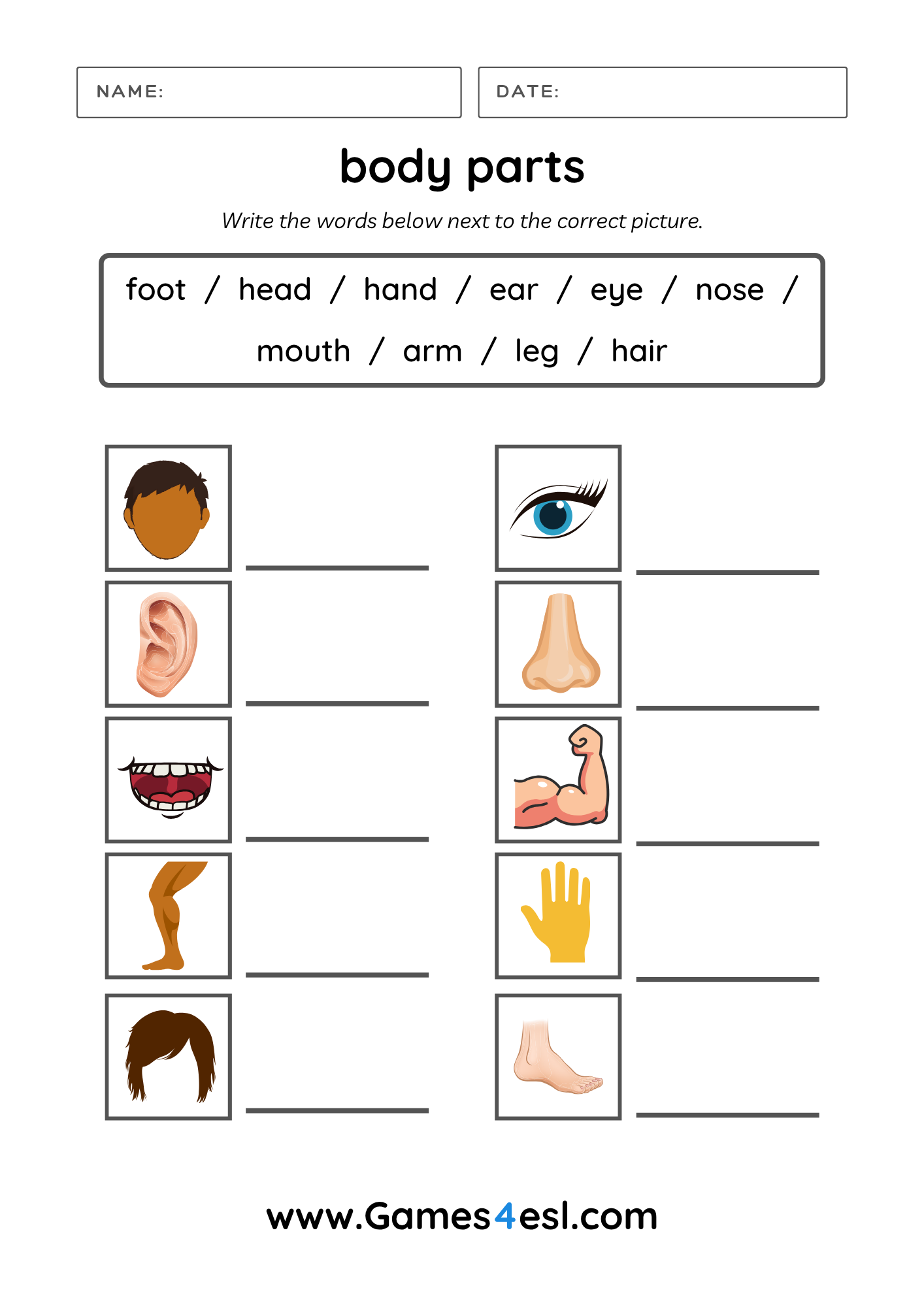 Free Body Parts Worksheets For Kids And Beginner ESL Students Games4esl