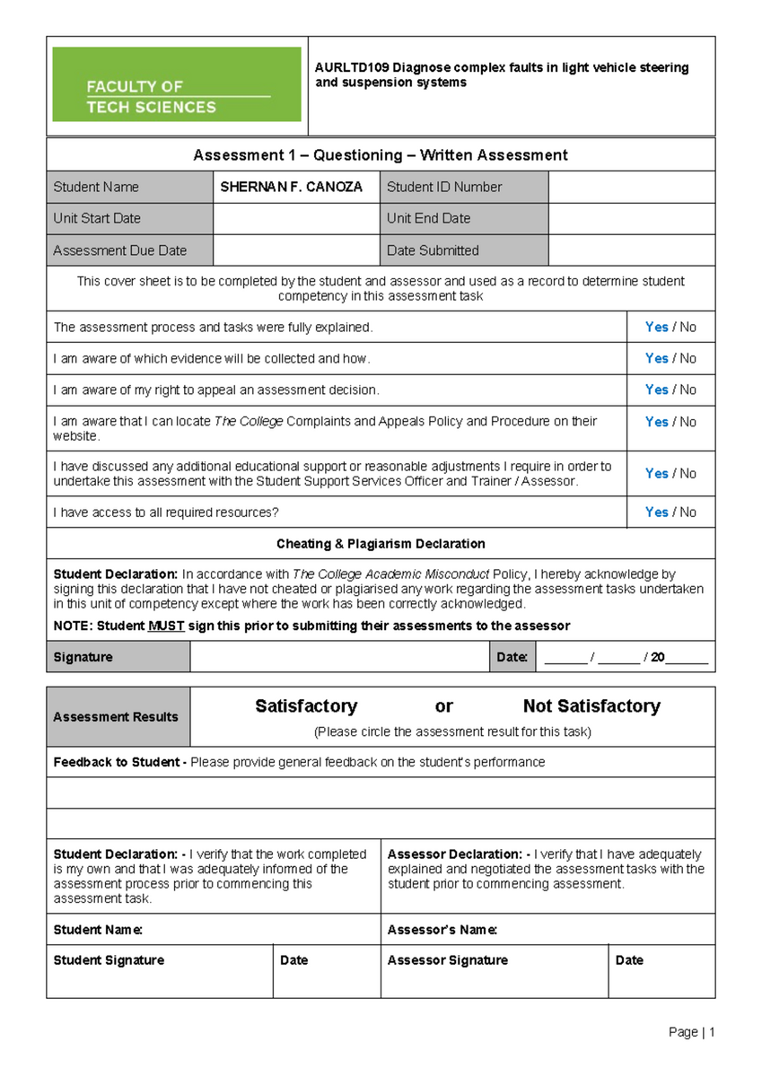 FTS Aurltd 109 V1 Written Assessment On Steering And Suspension Systems Studocu