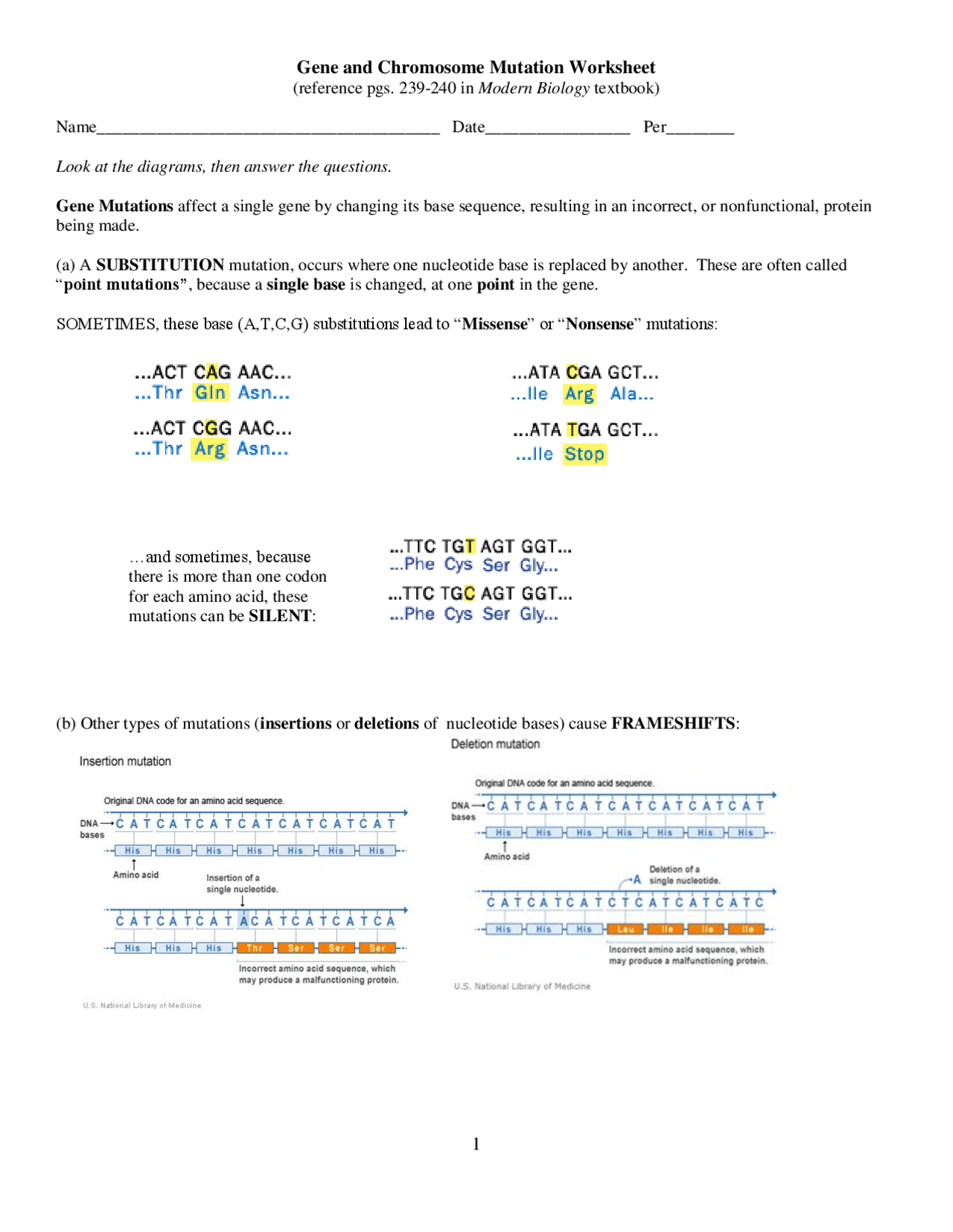 Gene And Chromosome Mutation Worksheet Exercises Bioinformatics Docsity