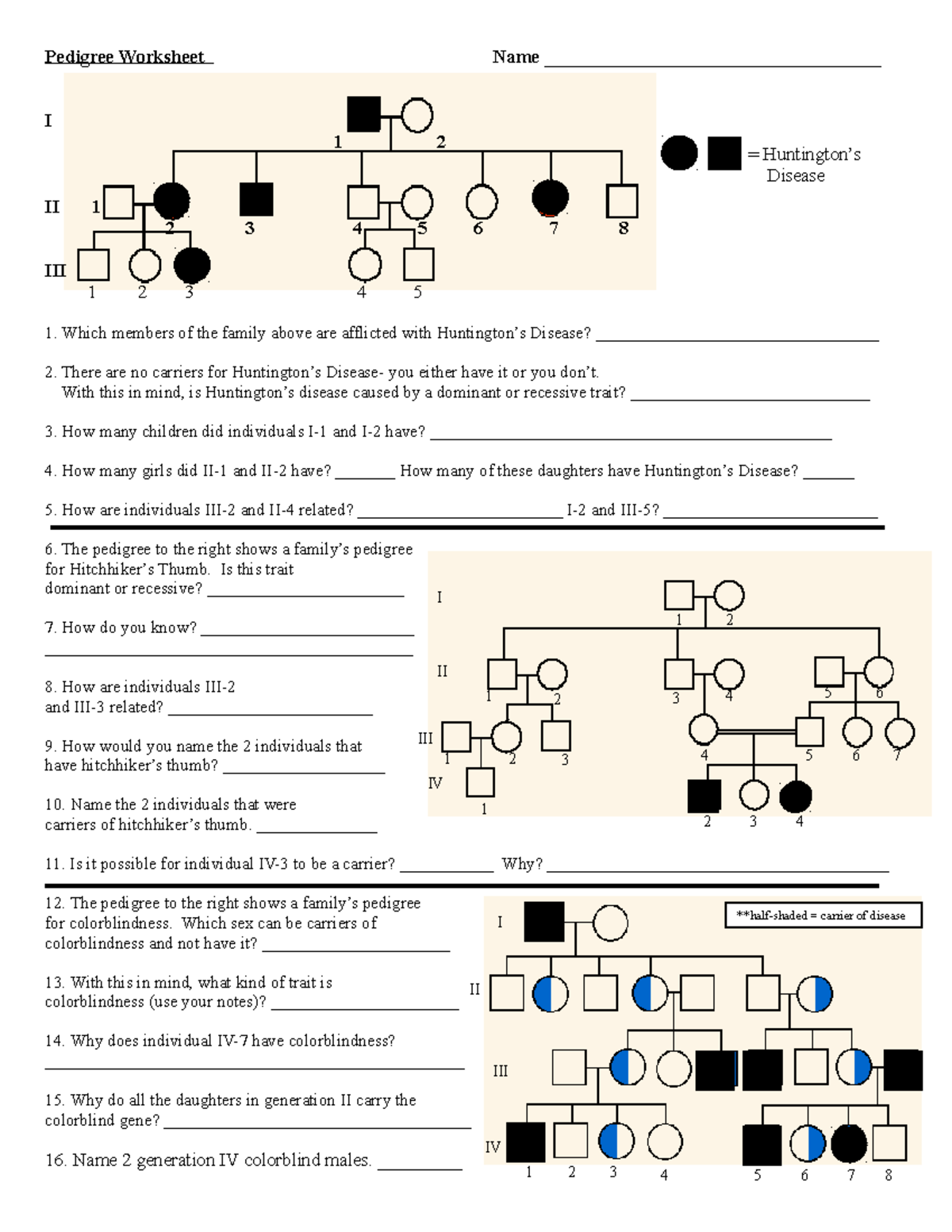 Pedigree Worksheet With Answer Key Exercises Genetics Docsity