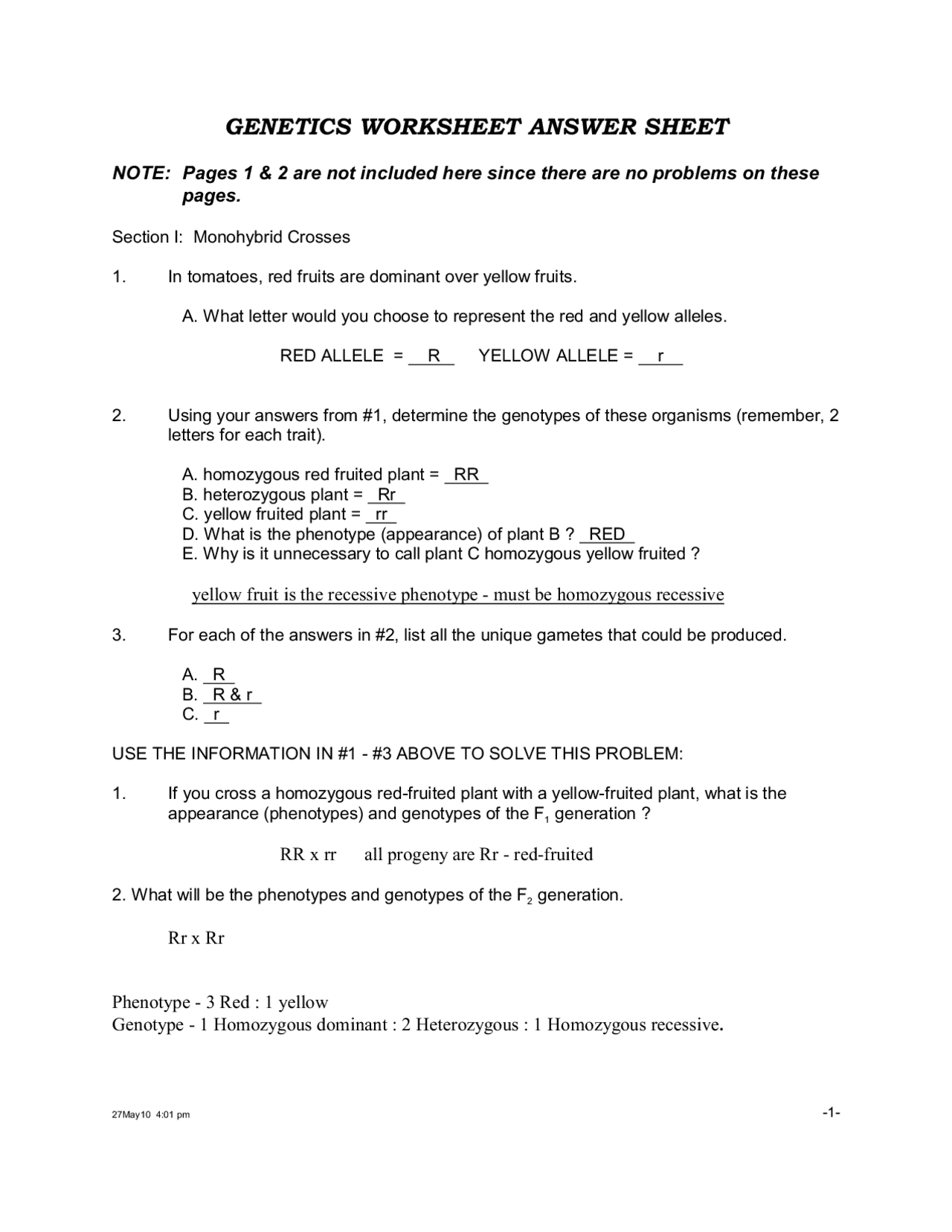 Genetics Worksheet Answer Sheet Study Notes Genetics Docsity