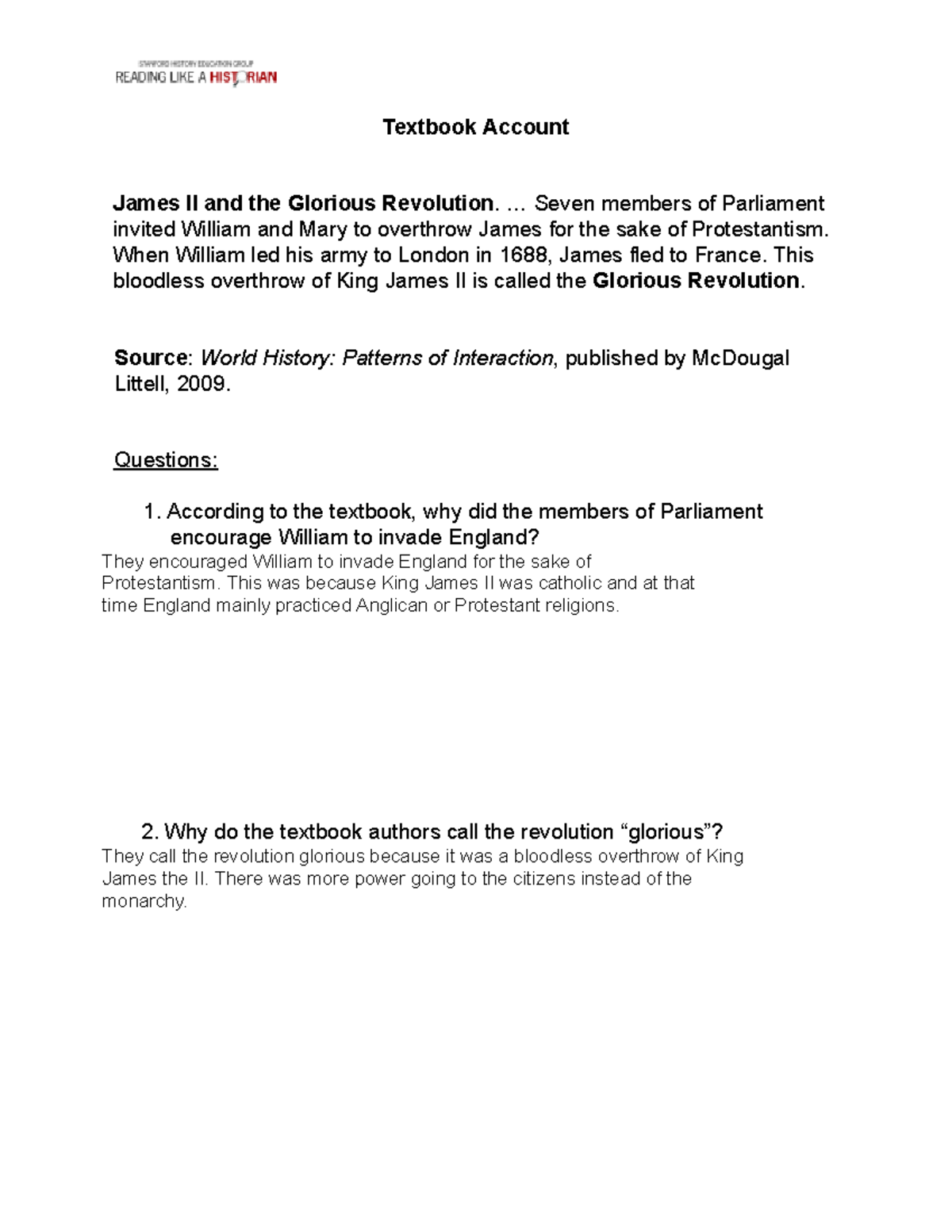 Glorious Revolution Worksheet Analyzing Key Documents And Events Studocu