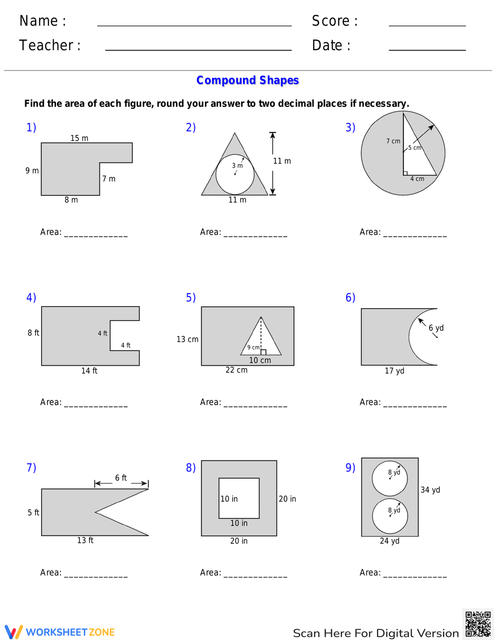 Grade 8 Find The Area Of The Shaded Region Worksheets Printable