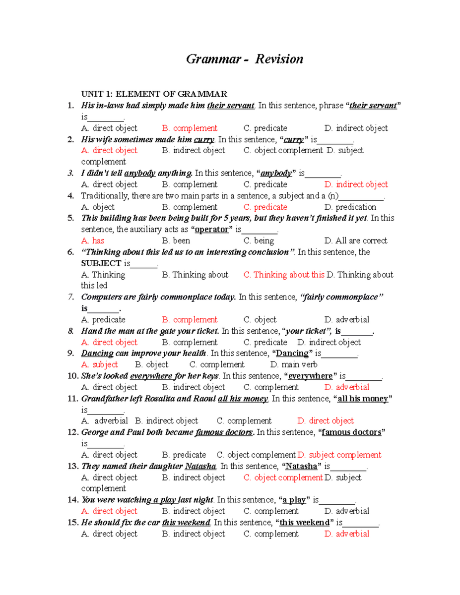Intermediate English Grammar Keys To Grammar Exercises C1 U1 On Phrases Studocu