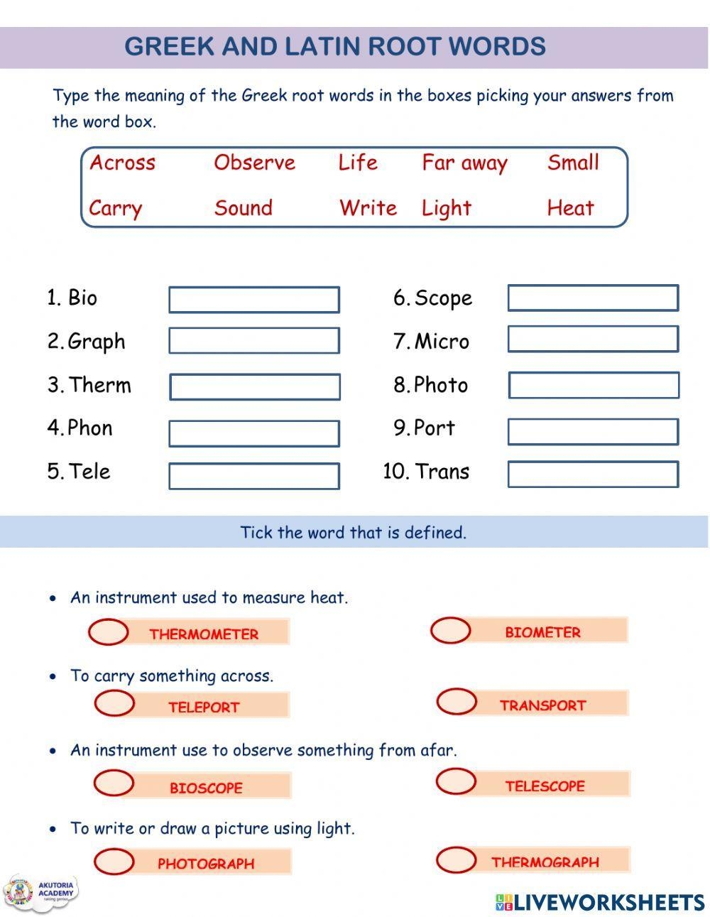 Greek And Latin Root Words Activity Worksheets Library